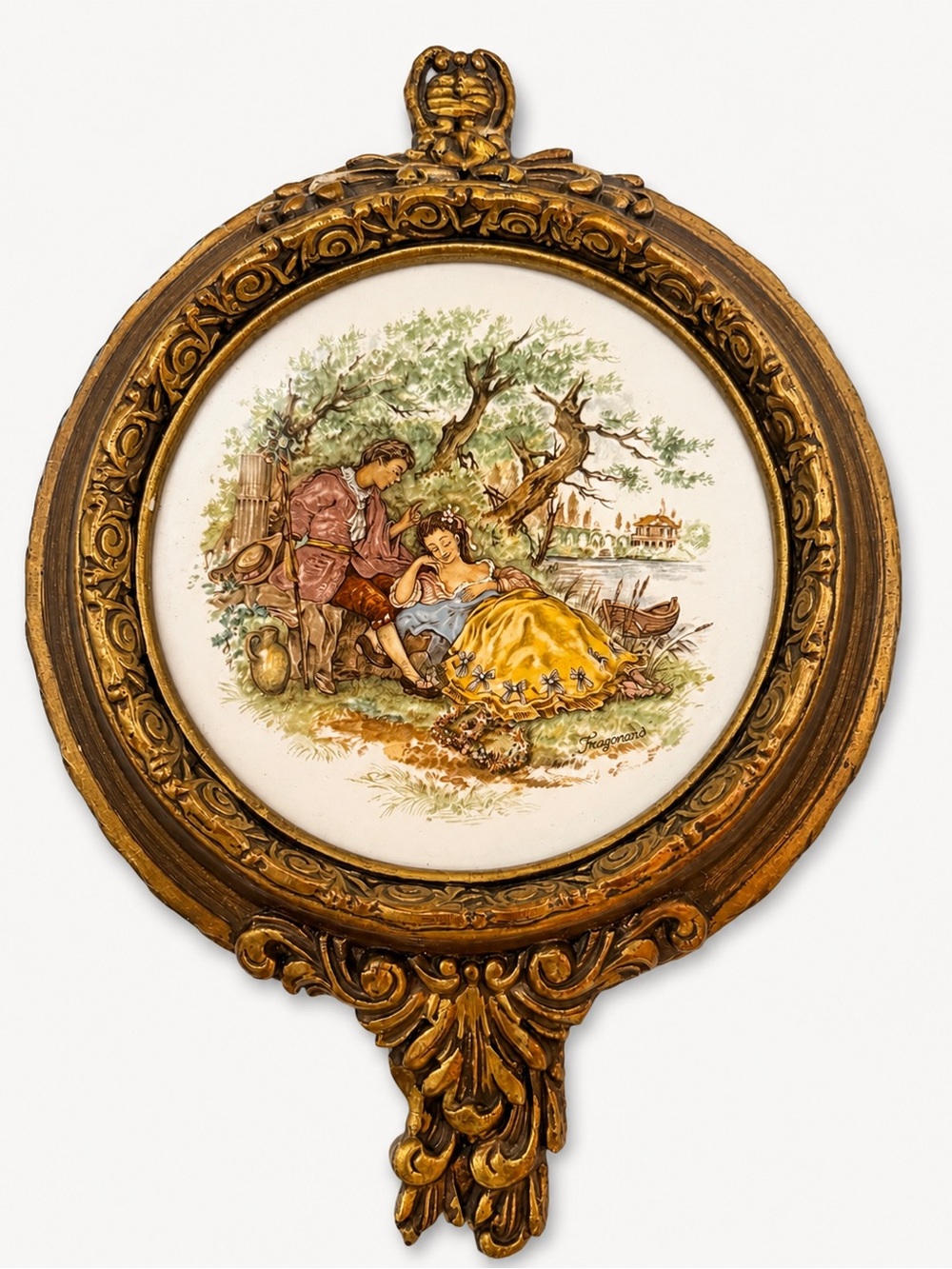 Vintage Fragonard Style Framed Ceramic Wall Plaque Ornate Gold Frame